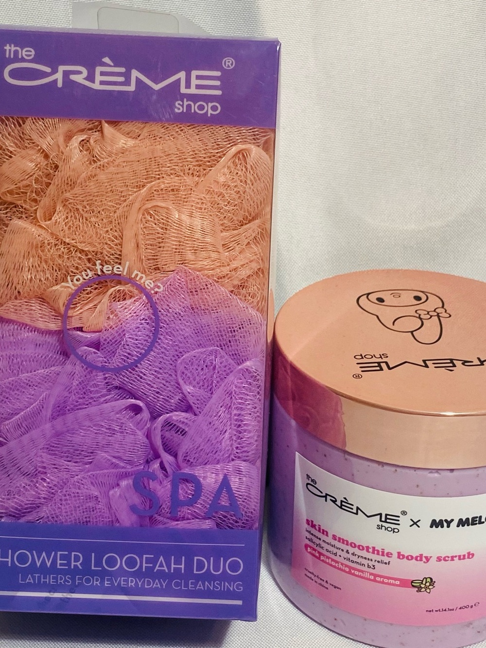 the CRÈME shop Pink & Peach Skin Smoothie Body Scrub with Shower Loofah Duo